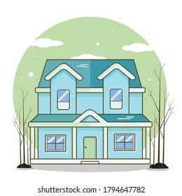 Ilustración vectorial de la casa. Tiene dos plantas y da a la temporada de otoño.
