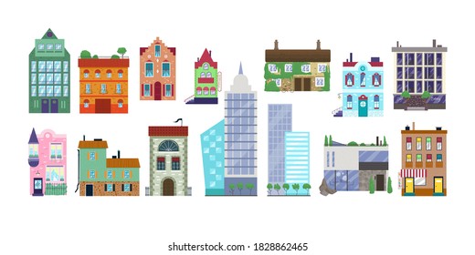 Conjunto de ilustraciones vectoriales de la casa. Caricatura plana fachada exterior moderna y antigua de casas en la ciudad o pueblo, edificio de la ciudad con puertas y ventanas, íconos de casa o de oficina aislados en blanco