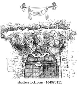 House  in vector on white background, garden hand drawn, realistic sketchy illustration isolated