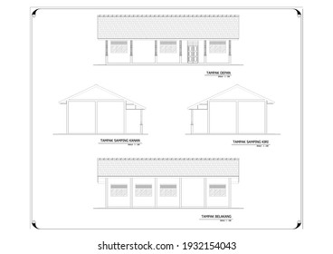 house vector plan, architectural project blueprint, front view, back view, side view