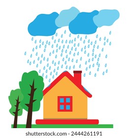 house vector , house in rain vector blue sky  white background