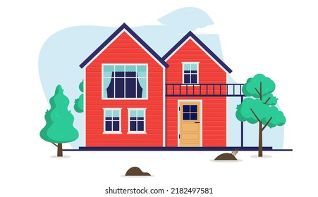 House vector - Red residential home in flat design on white background
