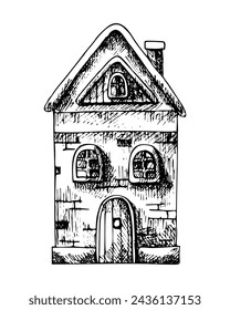 House vector sketch. Hand drawn illustration with painted by black inks on isolated background. Engraving village and city building. Monochrome drawing in line art style
