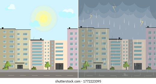 Hausvektor. Sonniges und regnerisches Wetter, moderne Gebäude mit Skyline-Hintergrund. Gutes und schlechtes Wetter. Donnerwetter und Sonne, Vektorgrafik. Wettervorhersage.