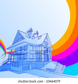 house: vector technical draw & abstract rainbow background