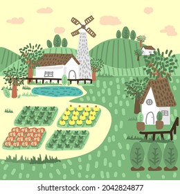 Haus- und Gemüsefarm mit Berg und Baum auf cremefarbenem Himmelshintergrund.