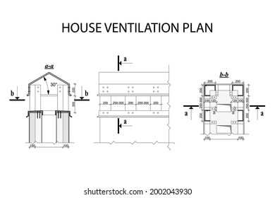Plan de ventilación de la casa, plano técnico de arquitectura detallado, plano de vector