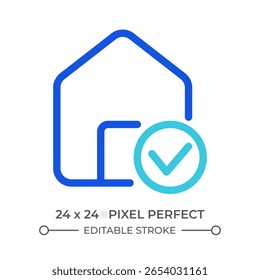 Verificação de casa ícone de ui de linha colorida. Verificação de edifício. Segurança domiciliar. Qualidade da construção. Padrão, conformidade. Símbolo linear duotônico de vetor isolado. Elemento de interface do usuário, pixel perfect