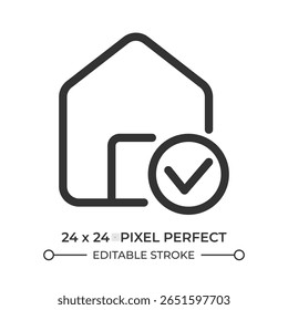 Ícone de interface do usuário da linha de verificação de casa. Verificação de edifício. Segurança domiciliar. Qualidade da construção. Padrão, conformidade. Símbolo de contorno de vetor isolado. Elemento linear da interface do usuário do Webdesign, pixel perfect
