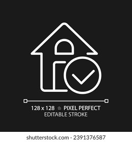 House verification pixel perfect white linear icon for dark theme. Safe building construction. Real estate agency service. Thin line illustration. Isolated symbol for night mode. Editable stroke