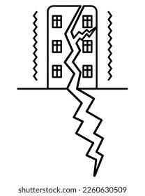 La casa vibra. Los temblores dividieron el edificio. La fachada está cubierta de grietas. Esbozo. Ilustración vectorial. Terremoto. Esquema sobre fondo aislado. Desastre natural.