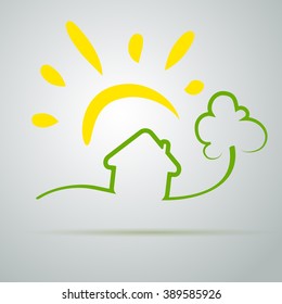 House in the village, abstract, illustration on a gray background.