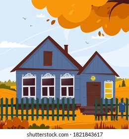 House in the village. Autumn day. Grandma's dwelling. Vector graphics. Poster.