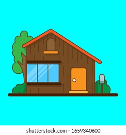 House in a village or in the countryside. Cottage in the woods. Full color vector illustration.
