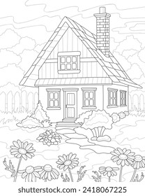 Casa en el pueblo. Naturaleza, árboles, flores. Ilustración vectorial. Libro de Colores para adultos.