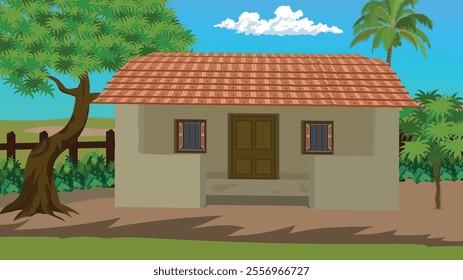 house in the Village with old style hut room made of tiles.Countryside shack backg[round illustration