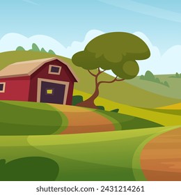 House village outdoor landscape with green field house and trees