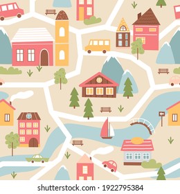House Village With River, Seamless Pattern Texture In Cute Colors Vector Illustration. Cartoon Community Town Map With Brown Red Abstract Houses, Colorful Church And Cars On Streets Background