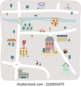 House village with river,cute colors vector illustration. Cartoon community