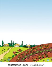 House in the village. Sunflowers and flowers on the field. Rest the countryside and fresh air. Organic farming and agriculture. Set 1