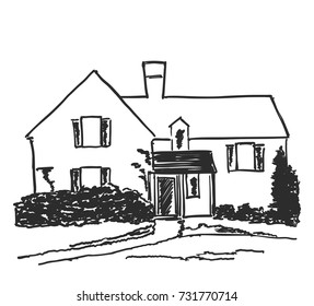 House in a village surrounded by trees, Hand drawn illustration vector sketch