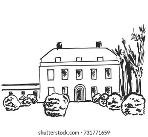 House in a village surrounded by trees, Hand drawn illustration vector sketch
