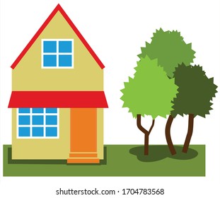 A house in the village. There are trees near the house. Vector image.