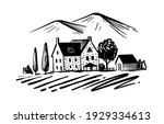 House in village with trees and plowed land. Small farm near mountains hand drawn sketch