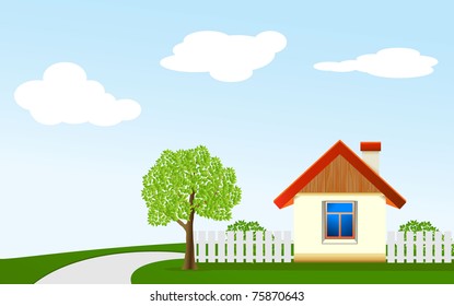House in village. Vector illustration