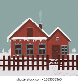 house in the village. winter and snow day. illustration for the book.