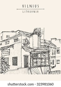 A house in Vilnius old town, Lithuania, Europe. Freehand drawing. Travel sketchy art. Touristic poster, postcard template. Postcard design with hand lettered title in vector