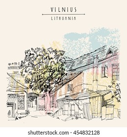 A house in Vilnius old town, Lithuania, Europe. Travel sketch. Vintage artwork. Hand drawn artistic postcard or poster template, calendar or book illustration in vector