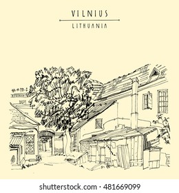 A house in Vilnius old town, Lithuania, Europe. Travel sketch. Vintage artwork. Hand drawn artistic postcard or poster template, calendar or book illustration in vector