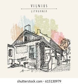 House in Vilnius old town, Lithuania, Europe. Travel sketch. Vintage artwork. Hand drawn artistic postcard or poster template, touristic calendar or book illustration in vector