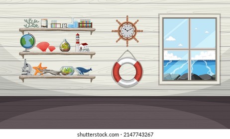 House wall decor with seaview window illustration