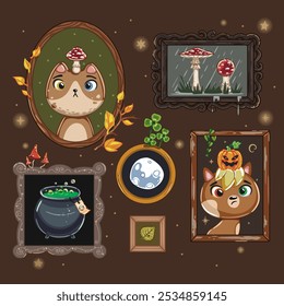 House wall with frames. October and halloween items and character. Explore a whimsical and delightful collection of enchanted forestthemed artwork showcasing adorable creatures