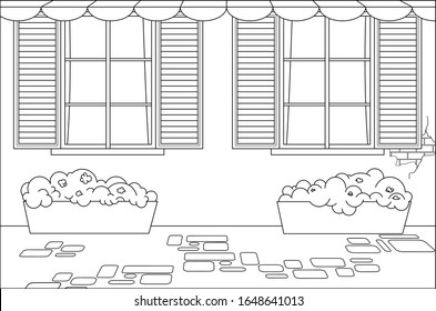 house wall outside; windows with shutters, flowers in floor flower pots. For coloring book page.