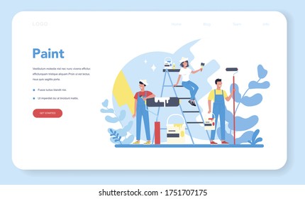House wall paint concept web banner or landing page. People in the uniform paint the wall with paint roller. Bucket with a paint. Person on the work. Vector illustration in cartoon style