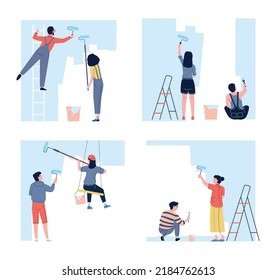 House wall painting. People home decorating with paint, renovation flat and apartments. Professional painters, repair workers recent vector scenes