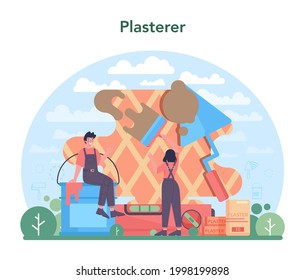 House wall plasterer concept. People in the uniform plastering wall with spatula. House rennovation. Person on the work. Isolated flat vector illustration