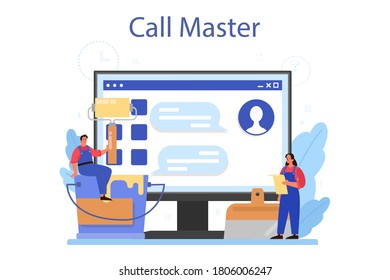 House wall plasterer online service or platform set. People in the uniform plastering wall with spatula. House rennovation. Online call. Vector illustration