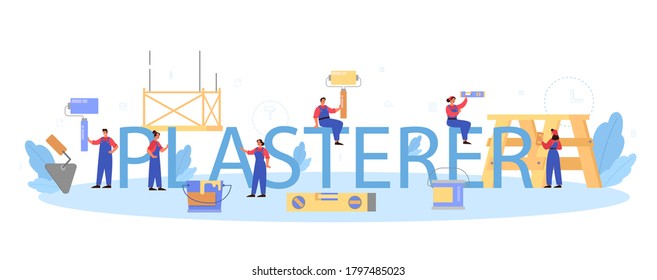 Hauswandputzer-Typografischer Header. Menschen in der gleichmäßigen Verschmutzungswand mit Spatel. Renovierung des Hauses. Person auf der Arbeit. Einzelne flache Vektorgrafik
