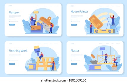 House wall plasterer web banner or landing page set. People in the uniform plastering wall with spatula. House rennovation. Person on the work. Isolated flat vector illustration