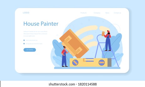 House wall plasterer web banner or landing page. People in the uniform plastering wall with spatula. House rennovation. Person on the work. Isolated flat vector illustration