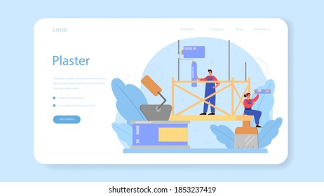Banner web o página de inicio de House wall plasterer. Gente con uniforme de pared de plástico con espátula. Renovación de la casa. Persona en el trabajo. Ilustración vectorial plana aislada
