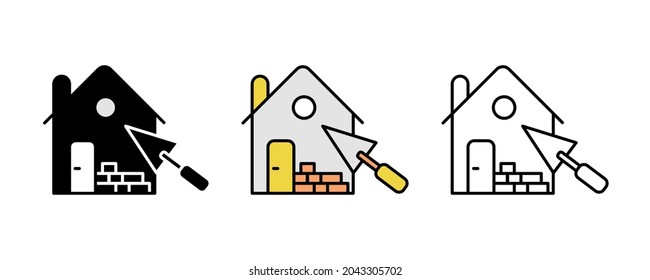 House wall plastering construction icon set. Architecture icon. Art vector illustration set. Editable row set. Silhouette, colored, linear icon set.
