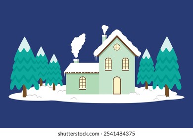 House With Warm Light Surrounded By Snow And Pine Trees In Christmas Season