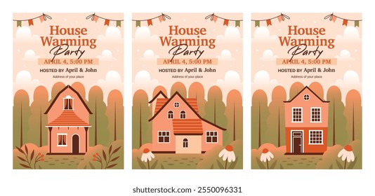 House Warming Party. Collection of invitation templates with cute vector illustrations of various houses, cottages, resident buildings on nature background with forest, flowers, plants, garlands.