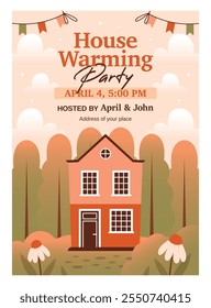 House Warming Party. Invitation template with cute vector illustration of village house, cottage, resident building on nature background with forest, flowers, plants, garlands, text. Flat Design.