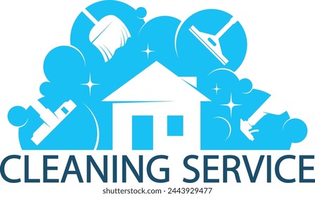House with water bubbles and cleaning tool. Cleaning and order in the house symbol
